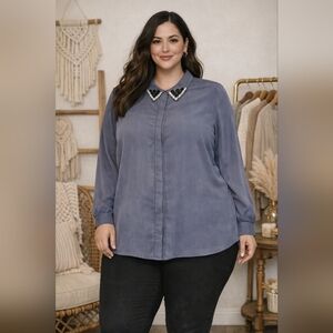 Maurices Sheer Grey Blouse with Beaded Collar